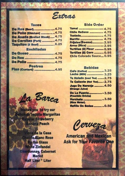 Menu at La Barca Restaurant, Los Angeles