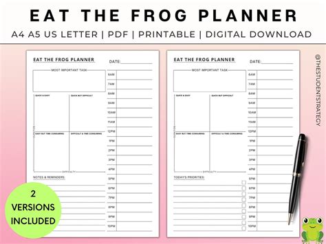 Eat the Frog Daily Task Priority Planner Hourly Time Blocking Schedule ...