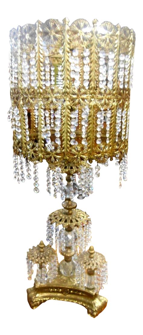 Vintage Hollywood Regency Ornate Brass & Hanging Crystal Prism Chandelier Table Lamp | Chairish