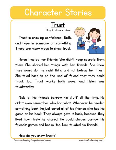 Trust Character Reading Comprehension Worksheet | Have Fun Teaching