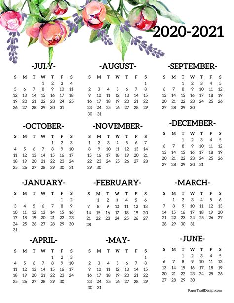 2020-2021 School Year Calendar Free Printable - Paper Trail Design