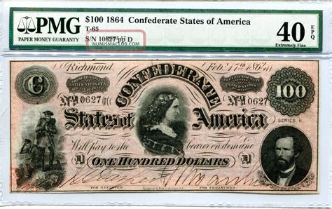 1864 $100 Dollar Bill Confederate States Pmg 40 Epq Extremely Fine T - 65 Csa