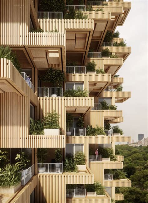 Wood would also clad the building's staggered walls, and trees would ...