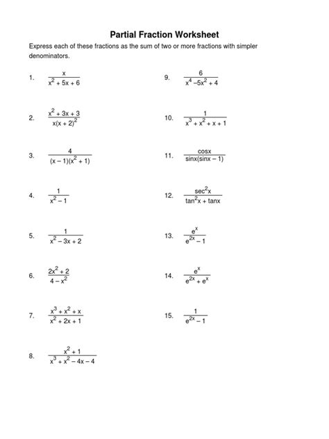 Partial Fraction Worksheet | PDF | Fraction (Mathematics) | Arithmetic