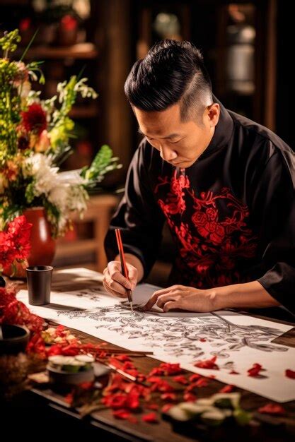 Premium AI Image | an artist creating intricate Chinese calligraphy AI generative