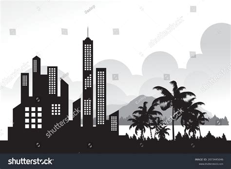 Silhouette Urban Building Skyline Panoramic Illustration Stock Vector ...