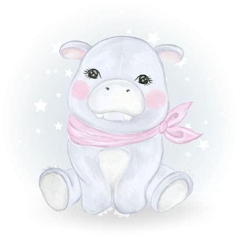 Baby hippo adorable watercolor illustration | Premium Vector