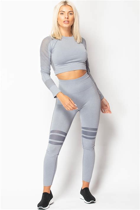 Womens Grey Seamless Fitness Leggings And Top Gym Set Activewear ...