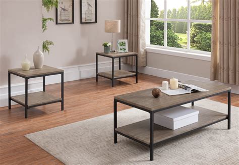 Kinley 3 Piece Coffee Table Set With Storage Shelves, Gray Wood & Black ...