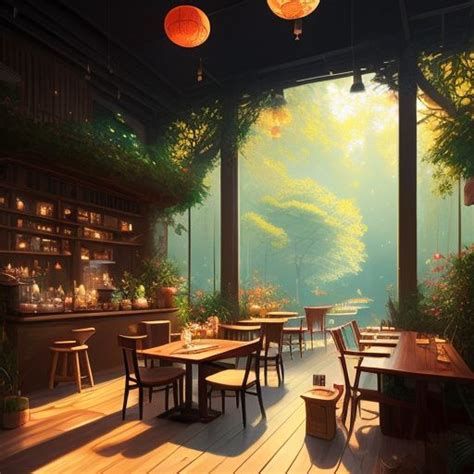 even-ibex577: Concept art of a Japanese cafe hidden in a serene lush forest