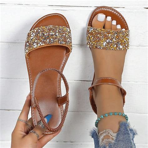 Women's Sandals Plus Size Sparkly Sandals Outdoor Beach Solid Color Summer Rhinestone Flat Heel ...