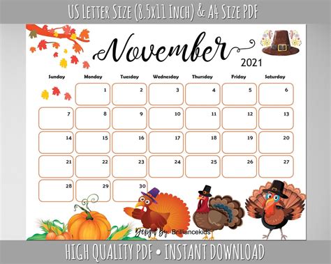 November Month Calendar 2021 Fall Planner Printable Turkey | Etsy