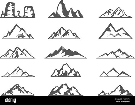 vector set of black and white mountain silhouette icons. logo collection of rocky snow mountains ...