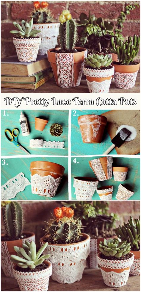 DIY Pretty Lace Terra Cotta Pots | Flower pots, Decorating terra cotta pots, Terracotta pots