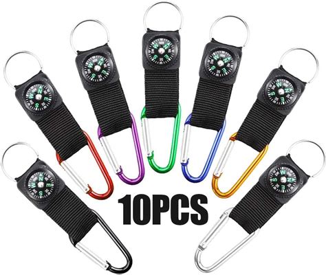 10 PCS Compass Keychain, Mini Compass Carabiner Keychain Multifunctional, Outdoor Survival ...