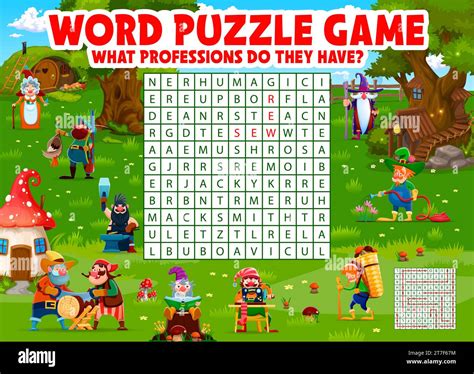 Word search puzzle game. Cartoon fairytale gnomes at village, grid quiz ...