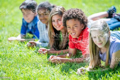 Children Laying In The Grass Portrait Stock Photo - Download Image Now - 10-11 Years, Child ...