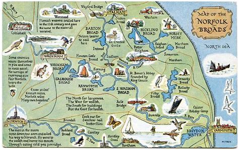 Postcard map of the Norfolk Broads | Norfolk broads, Great yarmouth, Norfolk map