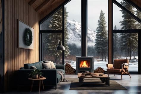 Premium AI Image | A living room with a fireplace and a mountain view