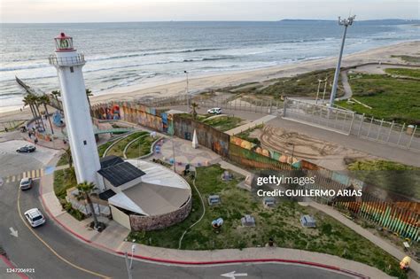 Aerial view of the US-Mexico border wall at Friendship Park before ...