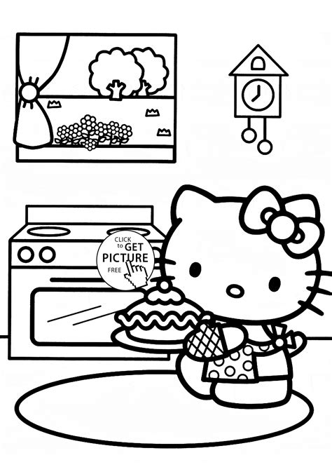 Hello Kitty bakes a cake coloring page for kids, for girls coloring pages printables free ...