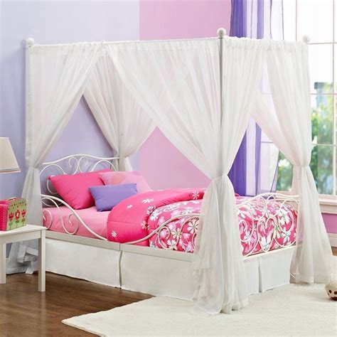 NEW Twin Size Metal Canopy Bed Girls Princess White Four Post Frame Heart Scroll – The Clearance ...