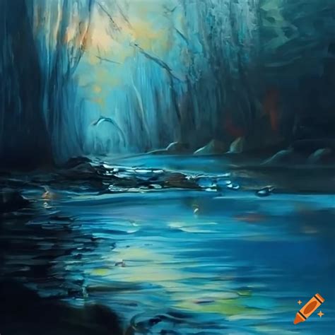 Oil painting depicting water