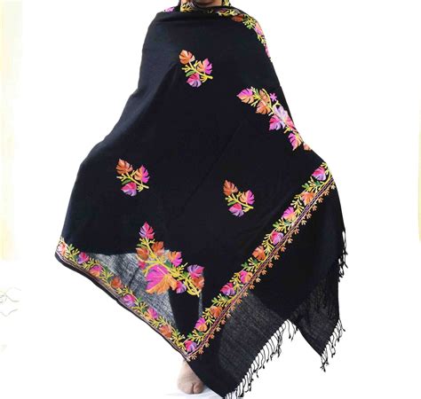 Black Kashmiri Shawl Chinar Embroidery pure wool Pashmina wrap C0657 - muteyaar.com