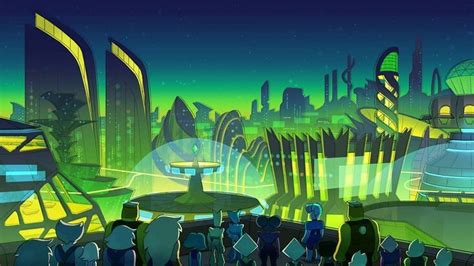 people standing in front of a futuristic city at night