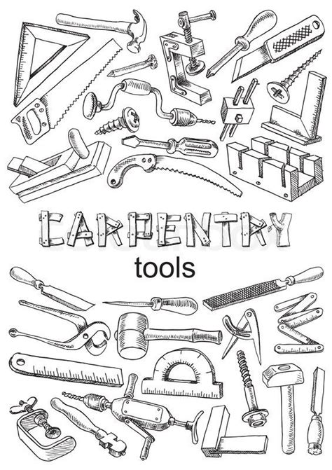 Set of tools for carpentry work. Images in the freehand drawing style. Vector illustration on ...