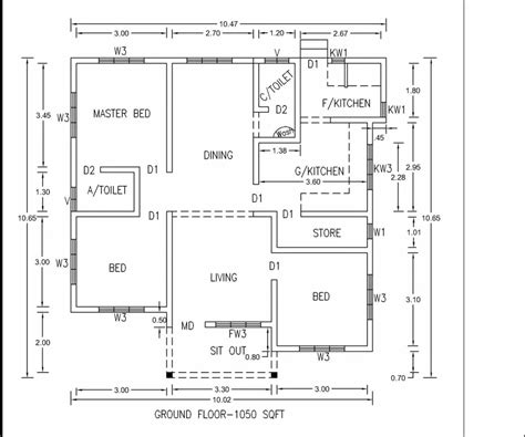 3 Bedroom House Plans in 1050 sqft