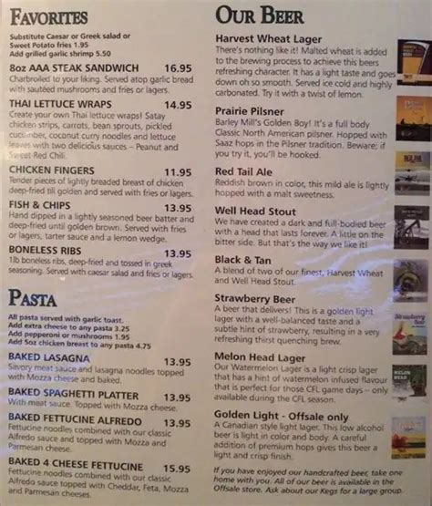 Menu at Barley Mill Brew Pub, Regina