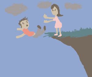 A girl pushing a guy off a cliff - Drawception