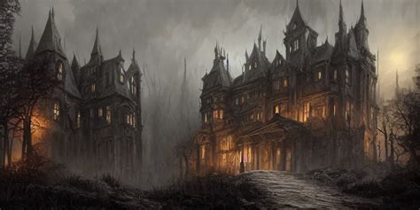 a dark fantasy landscape with a haunted mansion, wide | Stable Diffusion