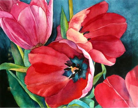 Red Tulips Watercolor Painting Close Up of Three Red Tulips