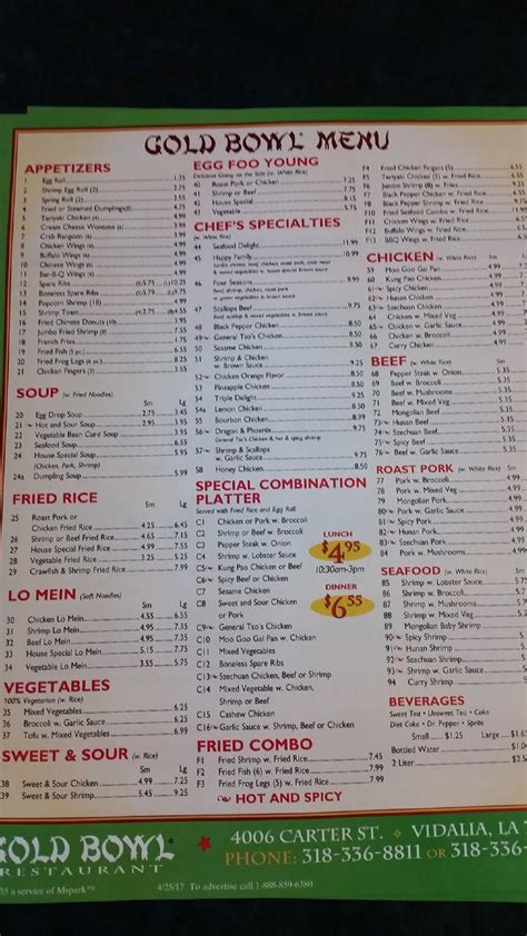 Menu at Gold Bowl Restaurant, Vidalia