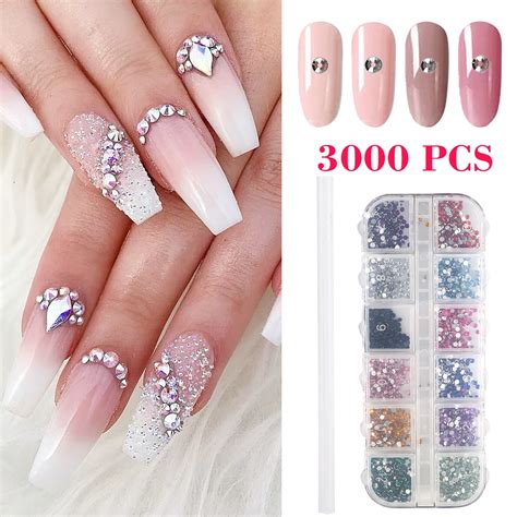 TSV 3000Pcs Nail Rhinestones, Crystal Nail Art Gems, Flatback Glass Nail Jewels Rhinestone Nail ...