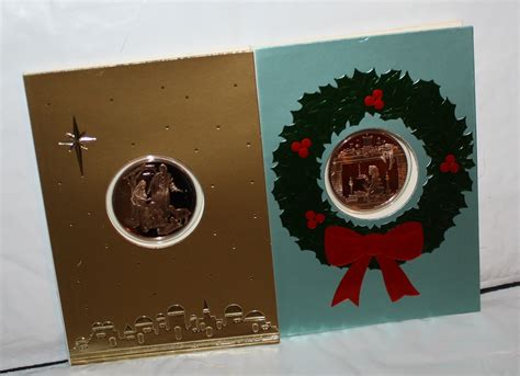 Vintage Franklin Mint Christmas Card with Bronze Coins, 1980s, Lot of 10