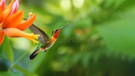 Hummingbird Hovering Next To Blooming Flowers. Beautiful Hummingbird ...