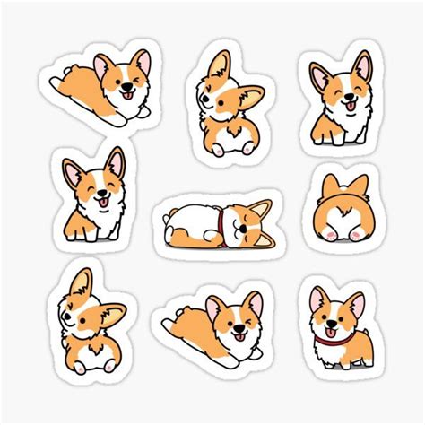 six corgi stickers on white background