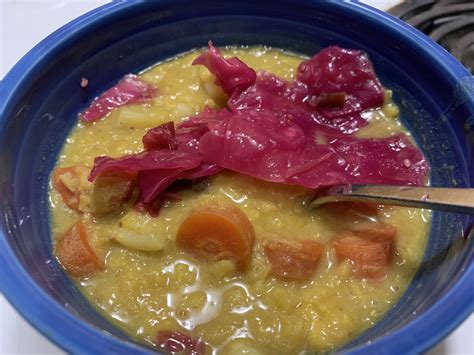 fermented red cabbage with leeks and apples on top of red lentil stew : fermentation