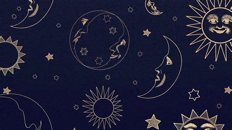 Gold celestial sun, moon and stars pattern on black background design element | free image by ...