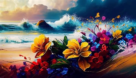 Premium AI Image | A painting of flowers on the beach