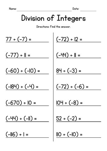 Division of Integers Worksheets | Teaching Resources