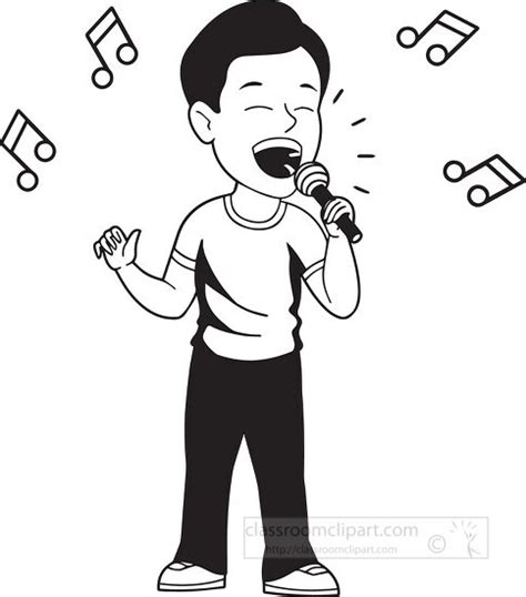 Music Outline Clipart-black white boy singing with microphone clipart