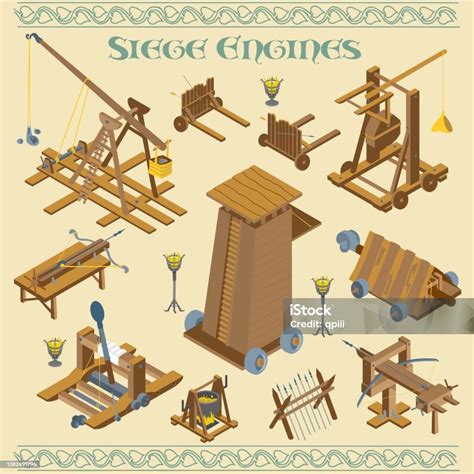 Medieval And Roman Siege Engines And War Machines Battle In Isometric Vector Illustration Stock ...