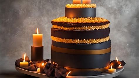 Premium AI Image | A black and gold cake with a gold ribbon around the top.