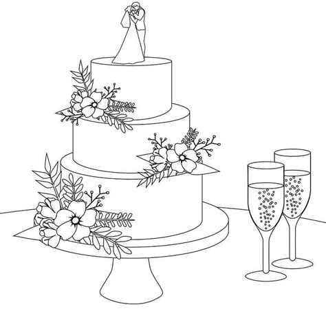 Wedding Cake and Two Glasses of Wine coloring page - Download, Print or Color Online for Free