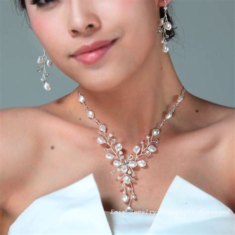 White Swarovski Pearl Y Shape Vine Bridal Set – Necklace Earrings Wedding jewelry Set for Brides ...