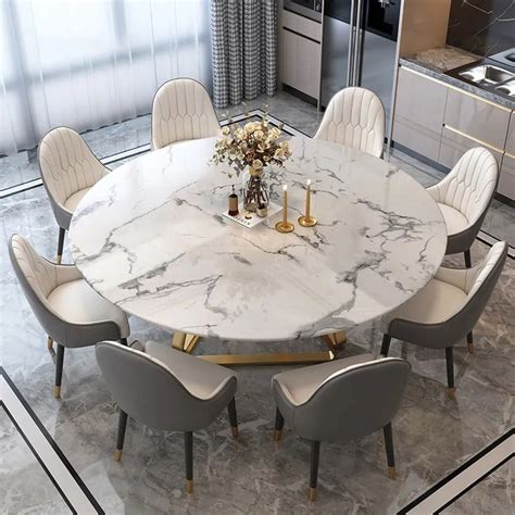 53" White Modern Round Faux Marble Dining Table with Stainless Steel ...